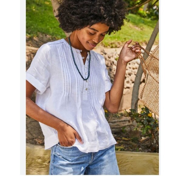 Faherty Gemina White Cuffed Short-Sleeve Pintuck Linen Blouse Top Size Small - Picture 1 of 12
